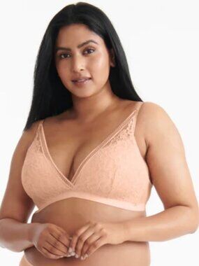 KNIX (L) Deep V Lace Bralette Honey Peach Wireless Comfort Light Support NEW - L